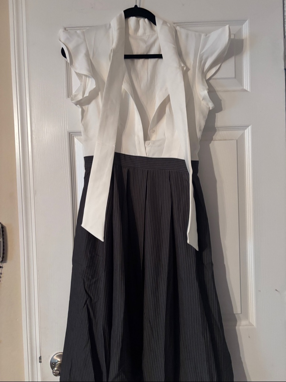 White Tie-Neck Blouse with Black Pinstripe Midi dress